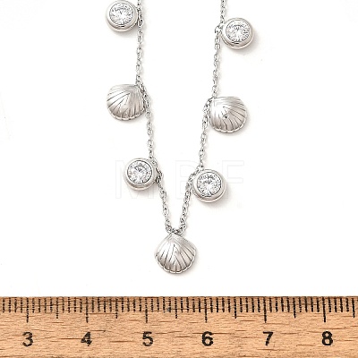 304 Stainless Steel Clear Cubic Zirconia Flat Round & Shell Shaped Bib Necklaces for Women NJEW-U031-08P-02-1