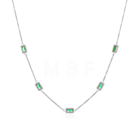 Elegant 304 Stainless Steel Pave Rectangle Green Cubic Zirconia Link Chain Necklaces for Women FB8248-1-1
