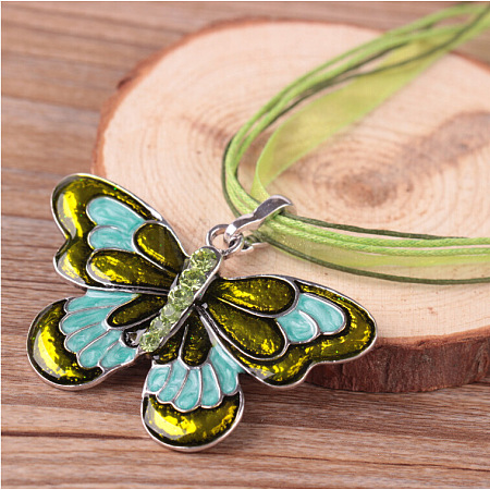 Butterfly Alloy Enamel & Rhinestone Pendant Waxed Cord Necklaces for Women FS-WGA0605-02-1