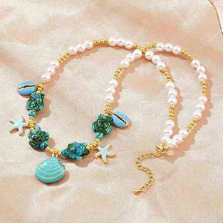 Ocean Brass Enamel Starfish Shell Shape Pendant Round ABS Imitation Pearl Beaded Necklaces KK-CBA4547-04B-G-1