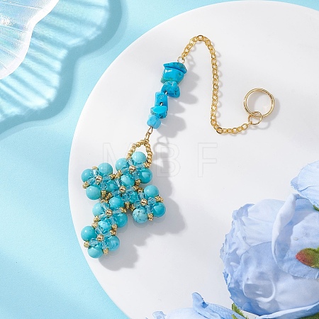 Cross Glass & Synthetic Turquoise Chips Beads Pendant Decorations HJEW-MZ00402-01-1