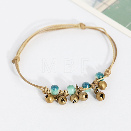 Alloy Bell & Porcelain Bead Charm Wax Cord Adjustable Anklets FS-WG54FA9-03-1