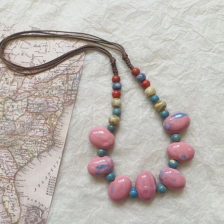 Ethnic Style Oval Porcelain Beaded Bib Necklaces with Imitation Leather Cord FS-WGD6870-01-1