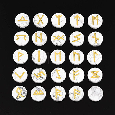 Brass Elder Futhark Alphabet Engraved Symbol Flat Round Natural Howlite Rune Stones G-I373-01F-1