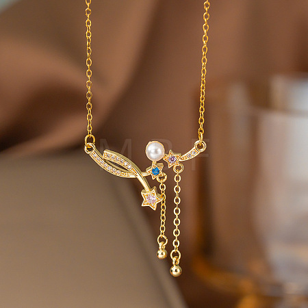 Brass Micro Pave Colorful Cubic Zirconia & Imitation Pearl Star Pendant 304 Stainless Steel Cable Chain Necklaces for Women WGB0BE7-01-1
