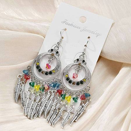 Ring & Feather Alloy & Glass Chandelier Earrings EJEW-G426-01AS-1