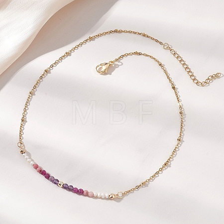 3.5MM Faceted Round Natural Amethyst & Rhodonite & Ruby and Potato Pearl Beaded Necklaces NJEW-JN05976-02-1