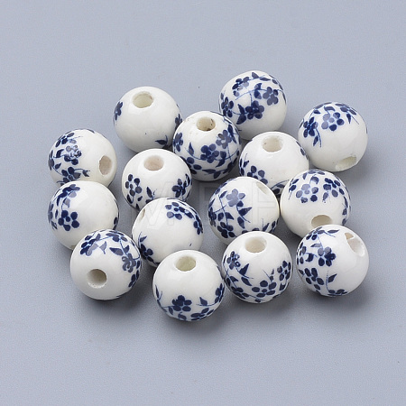 Floral Printed Porcelain Beads X-PORC-Q201-8mm-4-1