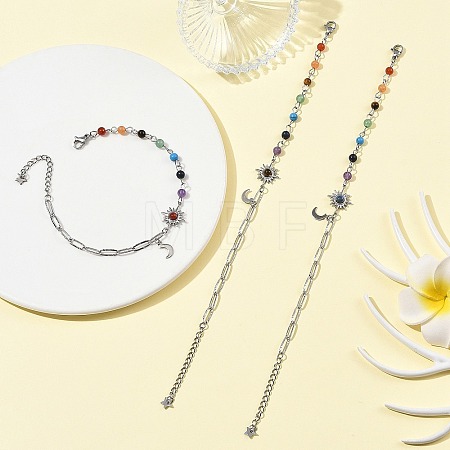 7 Chakra Gemstone Beaded Chain & 304 Stainless Steel Paperclip Chain Bracelets BJEW-JB14411-1