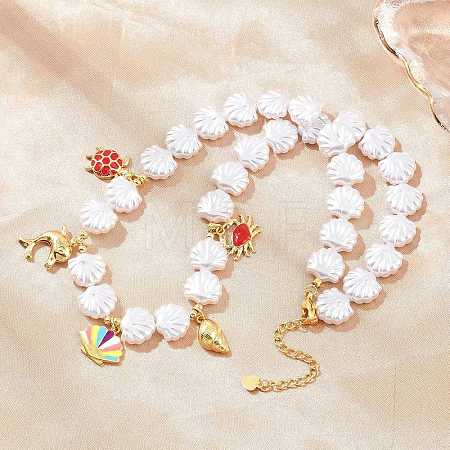 Ocean Brass Enamel Sea Animals Pendant ABS Imitation Pearl Shell Shaped Beaded Necklaces KK-CBA4547-01G-1