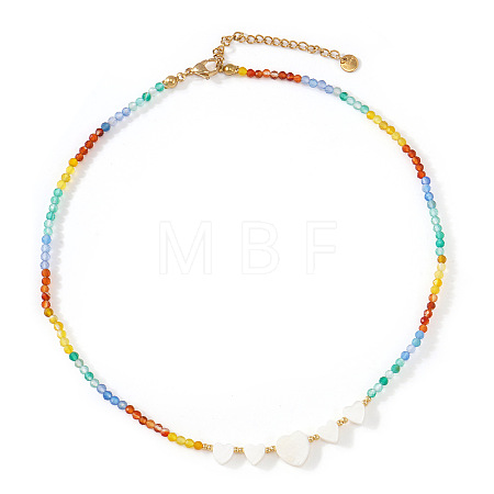 Summer Beach Rainbow Dyed Natural Stone Faceted Round Beaded Necklaces with Natural White Shell Heart Beads for Women EX6128-2-1