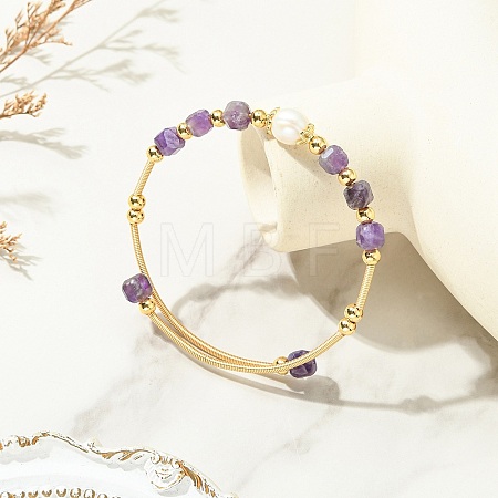 Natural Amethyst & Freshwater Pearl Beaded Copper French Wired Cuff Bangles for Women BJEW-JB13987-02-1