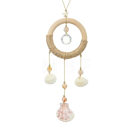 Coastal Shell & Glass Round Hanging Ornament HJEW-TA00472-1