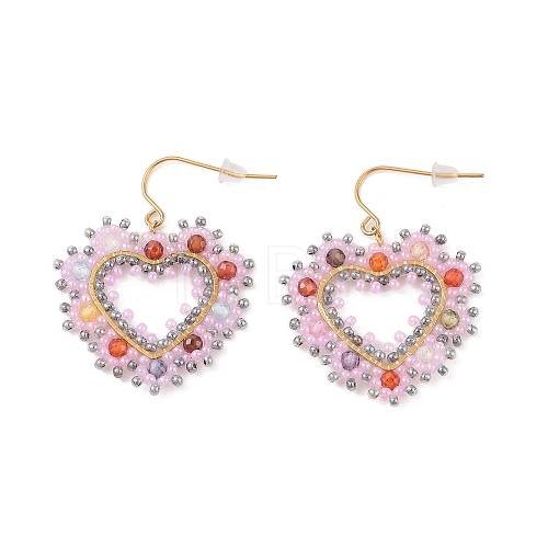 Heart Glass Seed Beaded and  Cubic Zirconia Dangle Earrings STAS-U017-03G-04-1