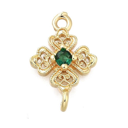 Brass Green Cubic Zirconia Clover Connector Charms KK-Q048-12G-1