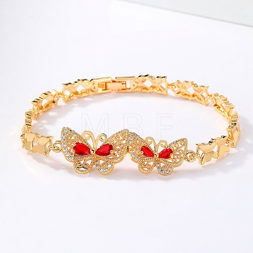 Fashionable Casual Real 18K Gold Plated Butterfly Brass Pave Red & Clear Cubic Zirconia Bracelets for Women KZ2658-1