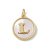 Brass Pave Natural Shell Flat Round with Letter Charms KK-Z115-13G-L-1