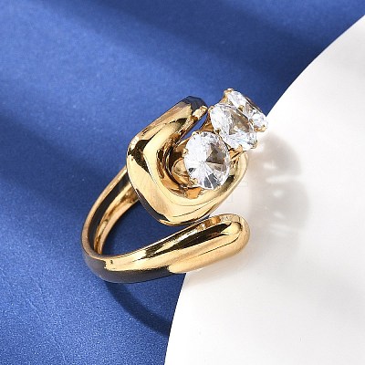 304 Stainless Steel Micro Pave Cubic Zirconia Open Cuff Rings for Women RJEW-K258-12C-G-1