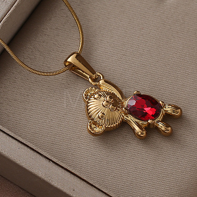 304 Stainless Steel with Red Glass Bear Pendant Necklaces for Women PA5495-1