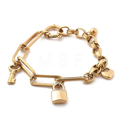 304 Stainless Steel Paperclip & Rolo Chains Charm Bracelets for Women BJEW-C089-03G-1