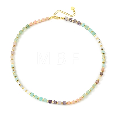 Cube Natural Green Strawberry Quartz & Pink Opal & Southern Jade & Flower Amazonite & Amethyst & Howlite Beaded Necklaces for Women NJEW-JN06610-1