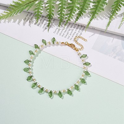 Acrylic Leaf Charm Anklets with Imitation Pearl Beaded for Women AJEW-AN00523-1