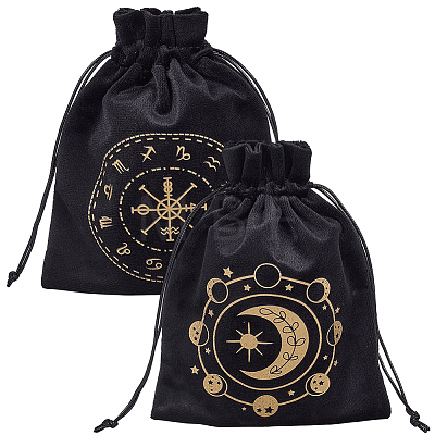 2Pcs 2 Styles Printed Velvet Drawstring Storage Bags for Tarot Card ABAG-CN0001-78-1