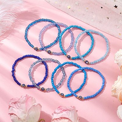 10Pcs 10 Styles Blue Color Palette Glass Seed Beaded Stretch Bracelets Sets BJEW-MZ00096-1