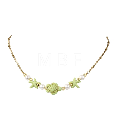 Ocean Synthetic Turquoise Starfish Turtle and Round Shell Pearl Beaded Necklaces NJEW-JN06168-1