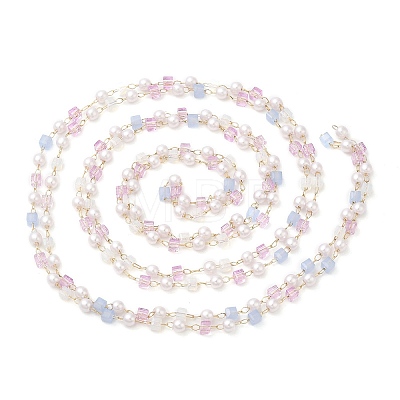 Faceted Cube Glass & ABS Plastic Imitation Pearl Beaded Chains CHS-G026-02KCG-02-1-1