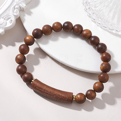Natural Sandalwood Curved Tube Round Beaded Stretch Bracelets BJEW-TA00725-1