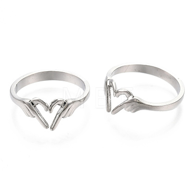 304 Stainless Steel Hand Heart Cuff Rings RJEW-N038-121P-1