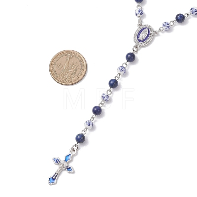 Handmade Blue and White Porcelain and Dyed Natural Lapis Lazuli Round Rosary Bead Necklaces NJEW-JN05750-1