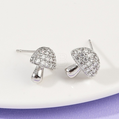 Mushroom Brass Micro Pave Clear Cubic Zirconia Stud Earrings EJEW-F895-17P-1