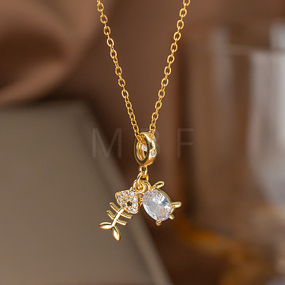 304 Stainless Steel Pave Clear Cubic Zirconia Fish Bone Shape Pendant Necklaces for Women WG5CB03-01-1
