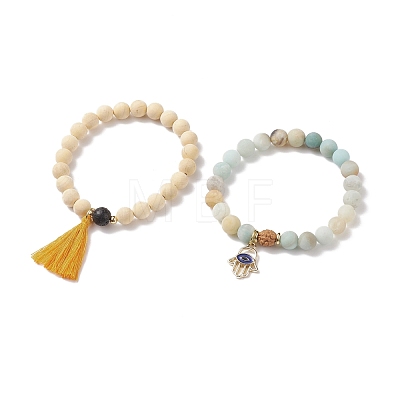 2Pcs 2 Style Natural Flower Amazonite & Lava Rock & Wood Stretch Bracelets Set with Tassel and Alloy Hamsa Hand Charms BJEW-JB08347-1