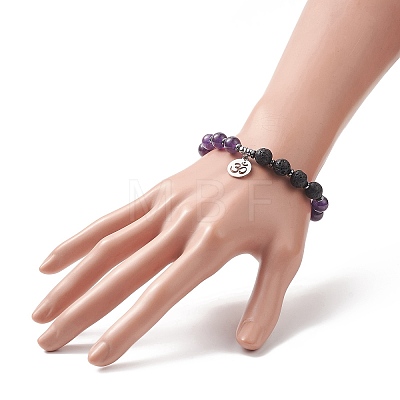 Natural & Synthetic Mixed Gemstone & Lava Rock Beaded Stretch Bracelet BJEW-JB09320-1