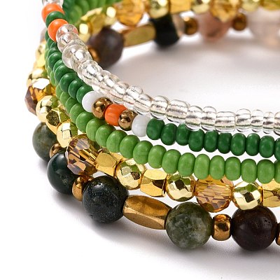 5Pcs 5 Style Natural Indian Agate & Synthetic Hematite & Glass Sead Beads Stretch Bracelets Set BJEW-JB07670-04-1
