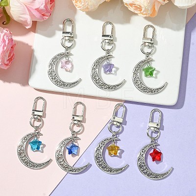 7Pcs 7 Colors Moon with Star Glass & Alloy Pendant Decoration HJEW-JM02109-1