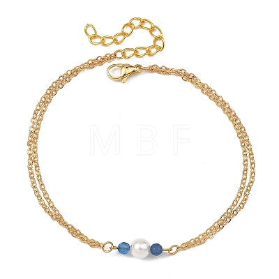 White Round Shell Pearl & Natural Blue Agate(Dyed & Heated) Beads Anklets AJEW-AN00835-03-1
