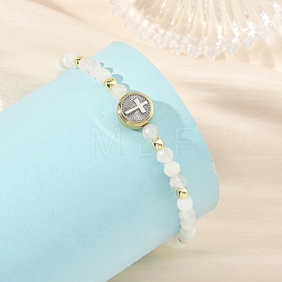 Religion Natural Moonstone Beaded Stretch Bracelets with Brass Flat Round with Cross Beads BJEW-JB14360-02-1
