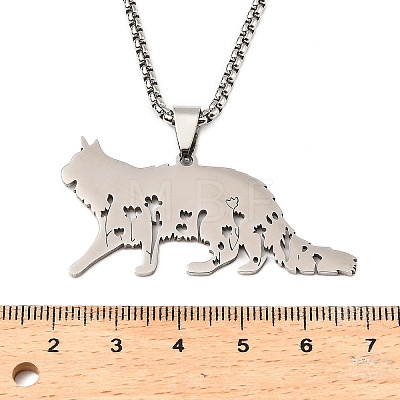 304 Stainless Steel Hollow Cat Shaped Pendant Box Chain Necklaces NJEW-M086-06P-1