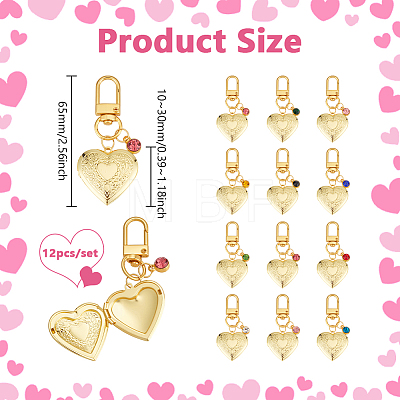 12Pcs Birthstone Heart Alloy Glass & Rhinestone & Brass Locket Pendant Decorations HJEW-PH02143-1