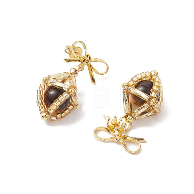 Natural Tiger Eye Bowknot Dangle Stud Earrings EJEW-MZ00348-01-1