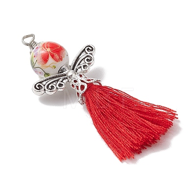 Porcelain Beaded with Polycotton Tassel Big Pendants PALLOY-JF02986-1