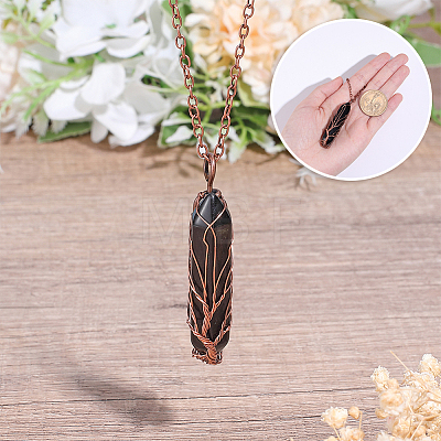 1Pc Natural Black Agate Bullet Macrame Pouch Pendant Alloy Chain Necklaces NJEW-PA0001-01D-1