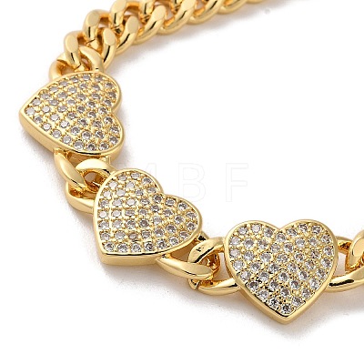 Brass Micro Pave Clear Cubic Zirconia Triple Heart Cuban Link Chains Bracelets for Women BJEW-M322-05G-B-1