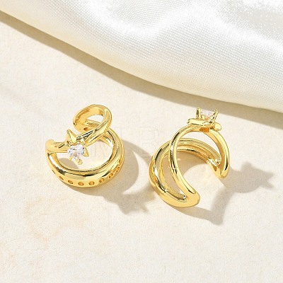 C-Shaped with Star Brass Micro Pave Clear Cubic Zirconia Cuff Earrings EJEW-L316-01G-12-1