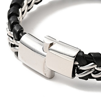 Leather & 304 Stainless Steel Braided Curb Chains Cord Bracelet with Magnetic Clasp for Men Women BJEW-C021-19-1