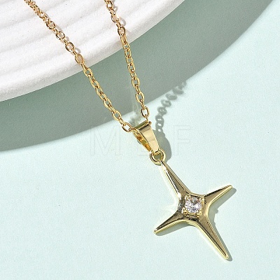 Brass Pave Clear Cubic Zirconia Star Pendant 304 Stainless Steel Chain Necklaces for Women NJEW-D341-07G-1